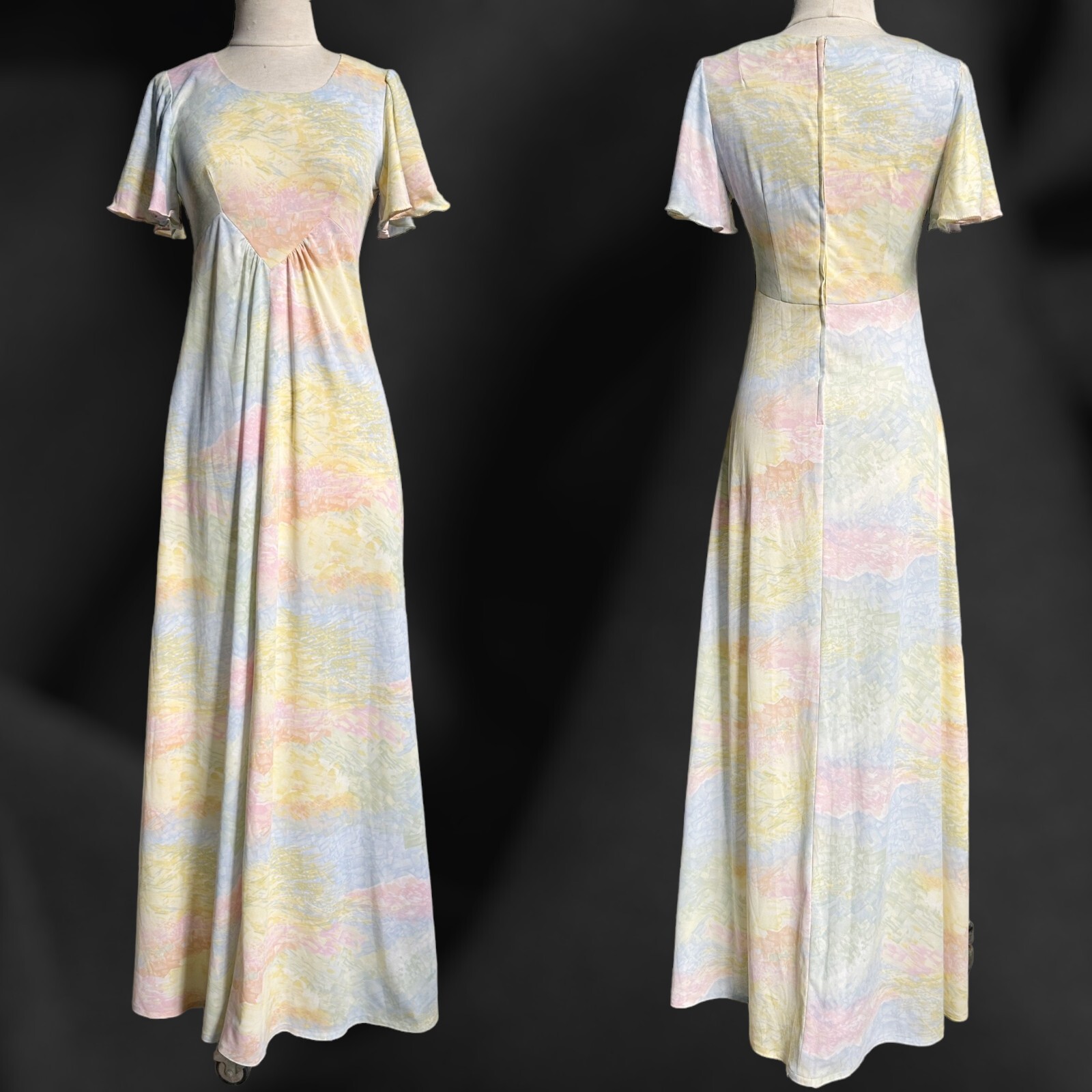 70s Vintage Flutter Sleeve Dress Maxi Long Pastel Rai… Gem