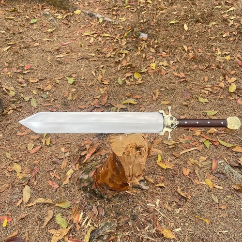 Handmade Carbon Steel 20" Wide Blade Sword Full Tang With Leather Sheath - Picture 9 of 10