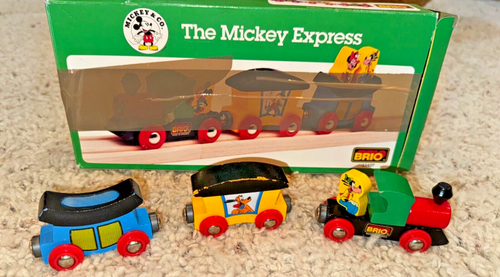 BRIO 33427 The Mickey Express Disney Wooden Railway Train w/Goofy & Box 1990's
