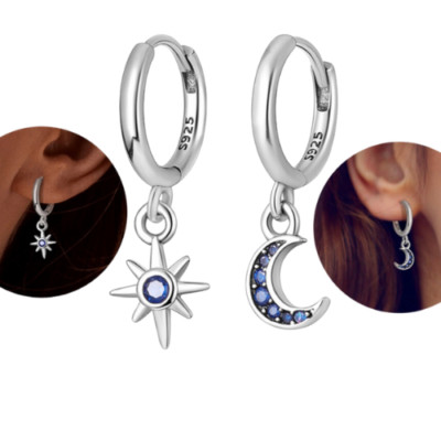 JeweBella Ohrringe 925 Sterling Silber – Mond Mit Stern-Anhänger, Hypoallergen (Silber, Gold, Roségold)