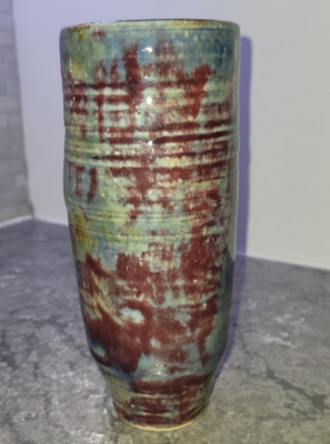 Vintage signed BC Studio Pottery Vase Burgundy Grey Handmade 7 1/4 in tall