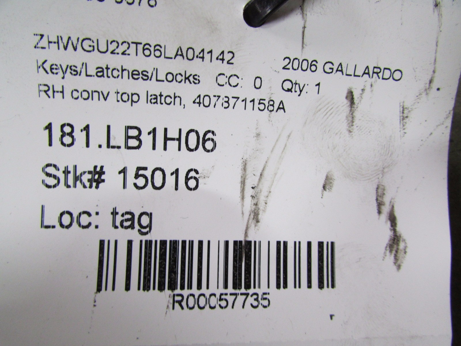 Lamborghini Gallardo, RH, Right Convertible Top Latch, Used, P/N 407871158A