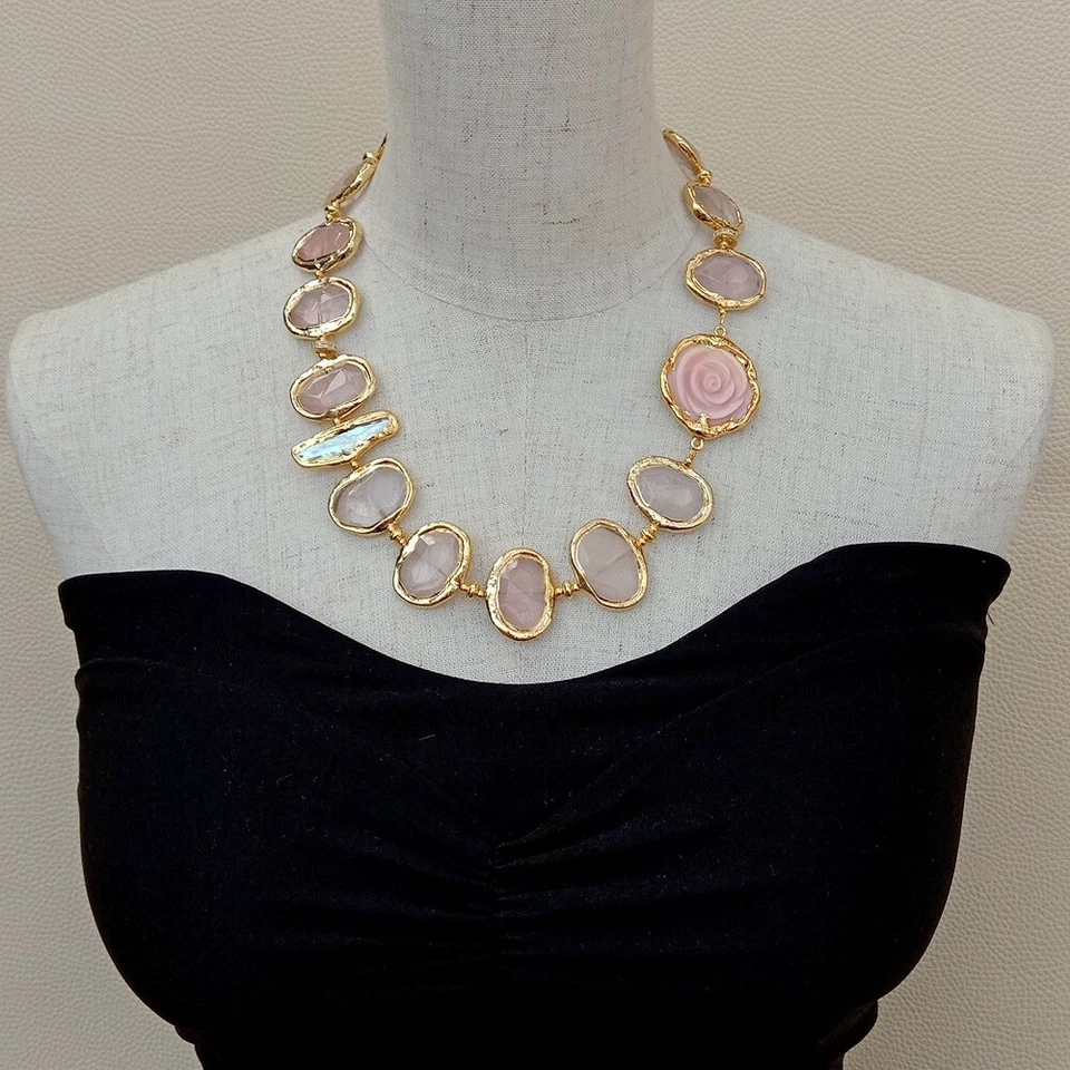 Natural Rose Quartz Faceted Pink Sea Shell Flower White Biwa Pearl Necklace - Image 3 of 4