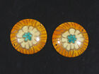 2 Antique Celluloid Domed Buttons - Orange, Teal, Gold - Floral