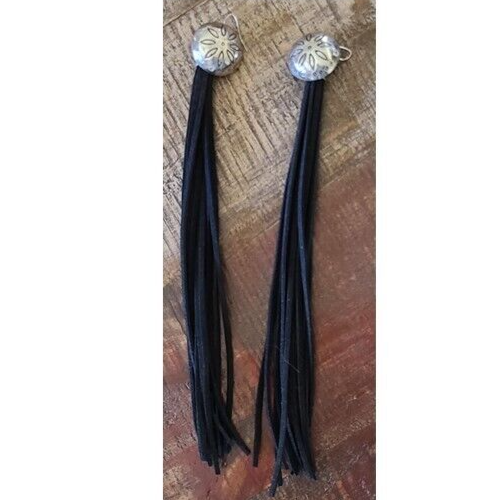 SILVER BUTTON BLACK LEATHER TASSEL EARRINGS NWOT - Picture 1 of 3