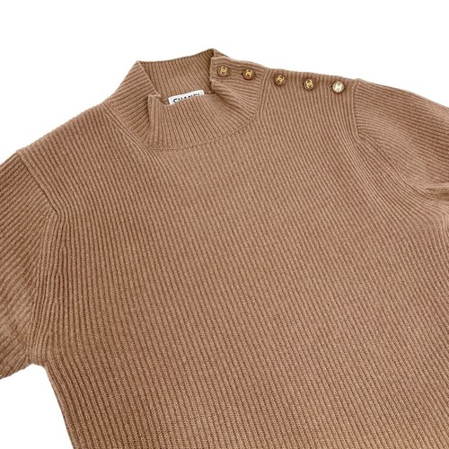 CHANEL Vintage 96C CC Mark Button Rib Knit Top #38 High Neck Brown Rank AB+ - Picture 6 of 10