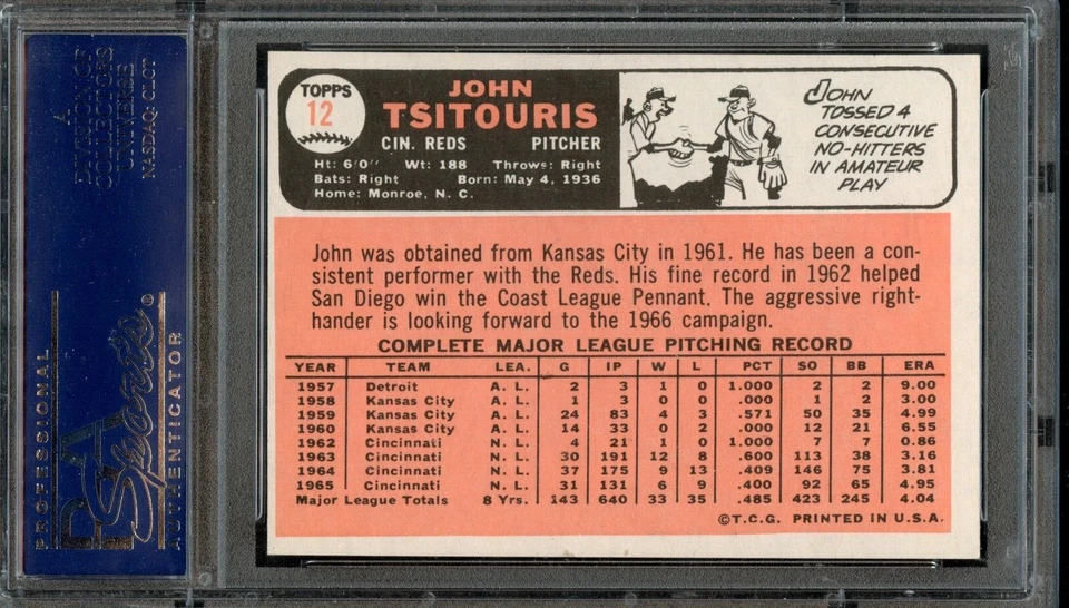BB - 1966 Topps - #12 - John Tsitouris - PSA 8 - NM-MT - Image 2 of 2