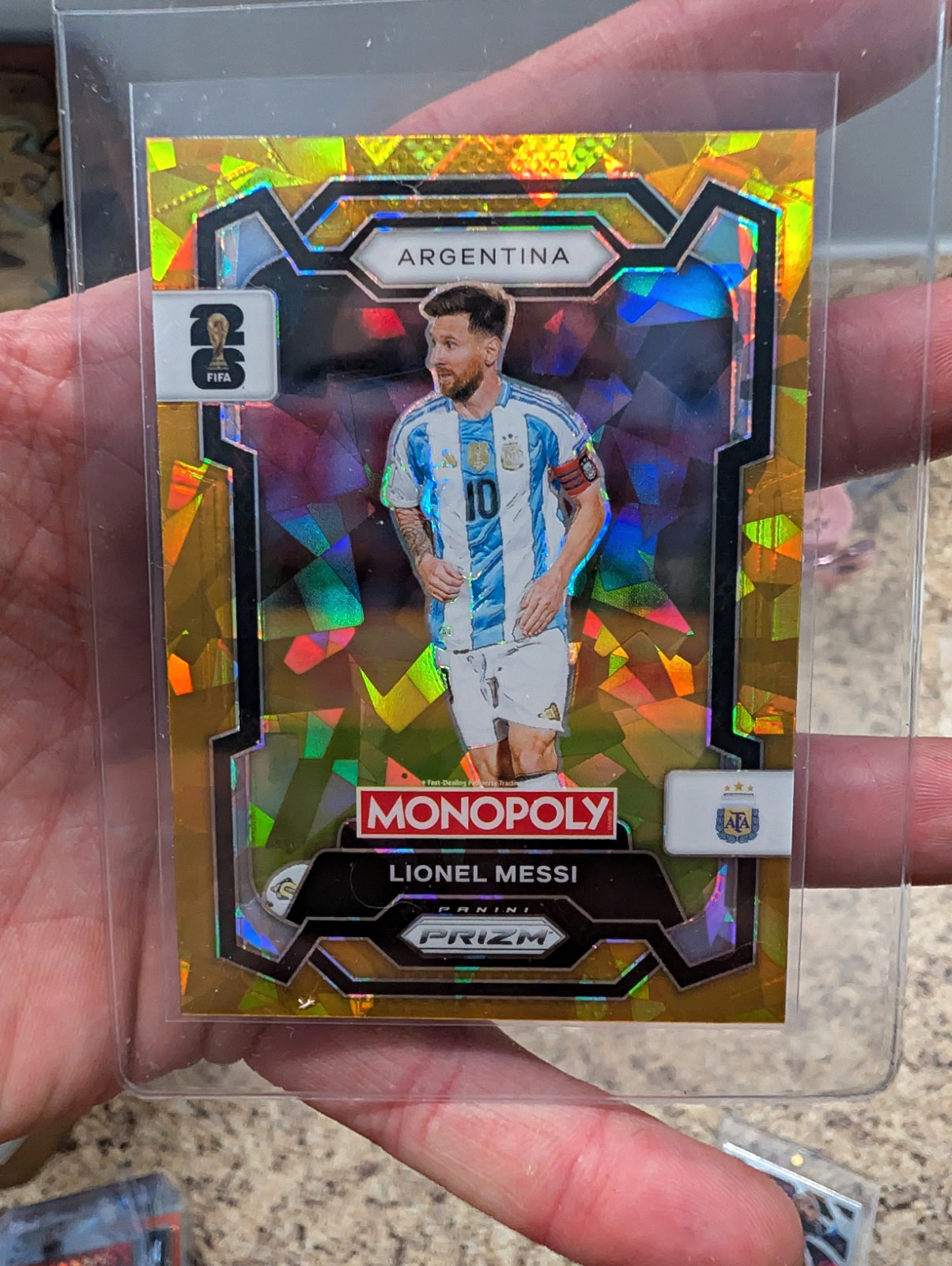 Panini 2026 Prizm Monopoly FIFA World Cup Gold Cracked Ice Messi Argentina #1 MT