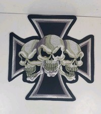 Large 9" Iron Cross Maltese Chopper Three skull Iron-on Embroidered Patch