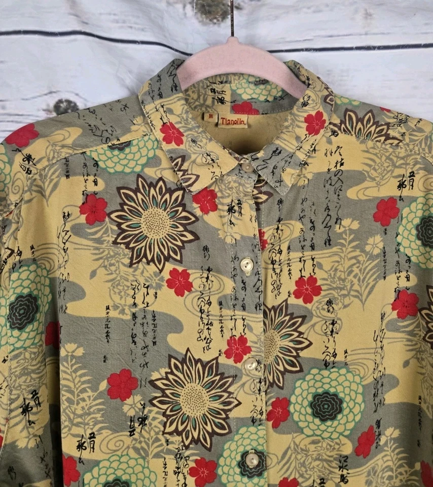 Camisa Blusa Top Tianello Floral Asiática Mediana Mezcla Tencel Abotonada Para Mujer Foto 2 de 4