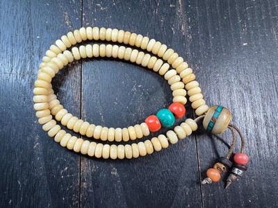 Tibetan Yak Bone Mala 108 Beads   Hand Carved Mantra Prayer Beads Necklace   Re