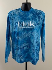 HUK PERFORMANCE FISHING Mens Small Blue Kryptek Camo Long Sleeve UPF Shirt EXC
