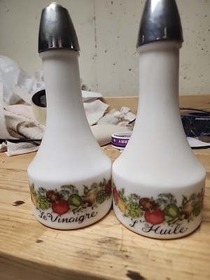 Vintage Gemco Oil & Vinegar Cruets Spice Of Life Milk Glass Gemco USA