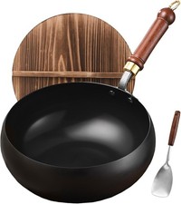 Carbon Steel Wok Pan, 9.5" Woks Stir-Fry Pans with Wooden Lid Cookwares, Nonst