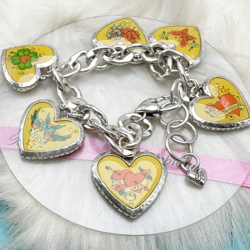 Brighton Feelin Groovy Yellow Heart Charm Silver Plate Bracelet Peace Love Lucky - Picture 3 of 8