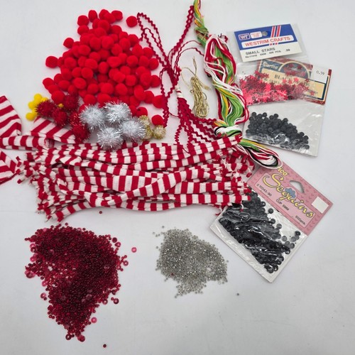 Holiday Christmas Craft Supplies Pom-Poms Sequins Beads Thread Ribbon Red White