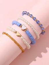 5pcs Blue Pearl Heart Bead Stretch Bracelet Set One Size