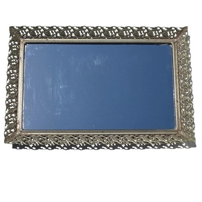 Vintage Filigree Gold Tone Mirror Vanity Tray, Hollywood Regency 10in x 15in