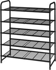 Black, Wire Grid, Expandable & Adjustable Shoe Organizer Storage Shelf, 5-T