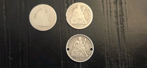 1887, 1891, 1891 - O, Seated Liberty Dimes, 10c, US Coins, Circulated, Lot of 3