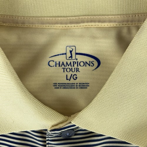 Champions Tour Golf Shirt Polo Mens Yellow Striped white blue Short Sleeve L