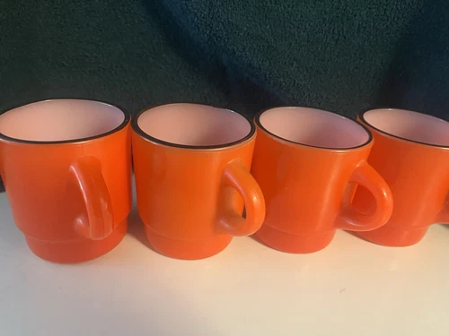 4 Rare VTG Fire King Stackable Coffee Mugs Cups C Handle 1935-1950 Blood Orange