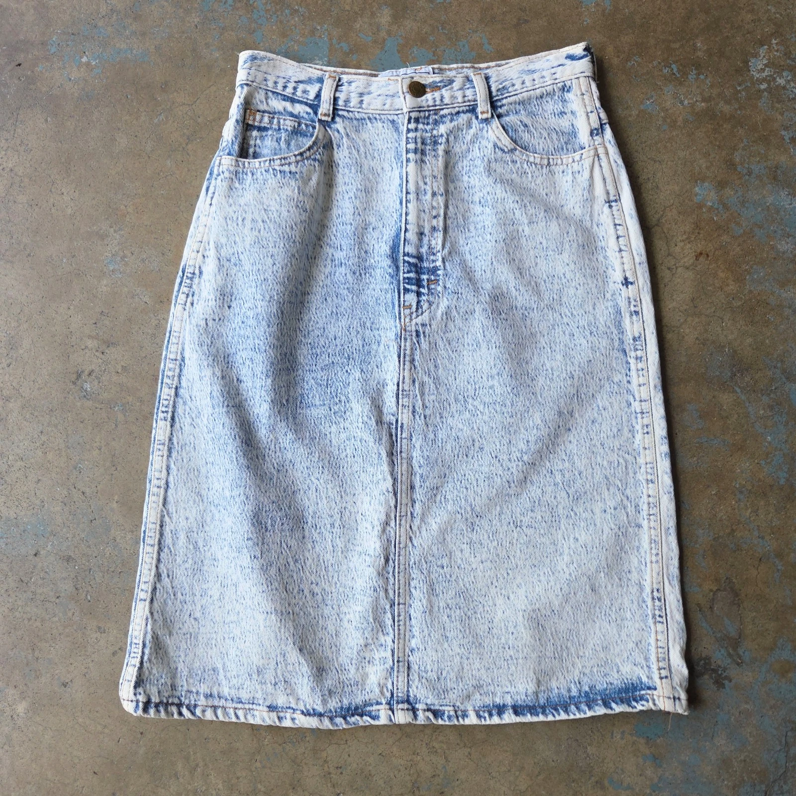 Vintage 80s Light Acid Wash Jean Midi Skirt Size S M Denim Pencil USA Cotton