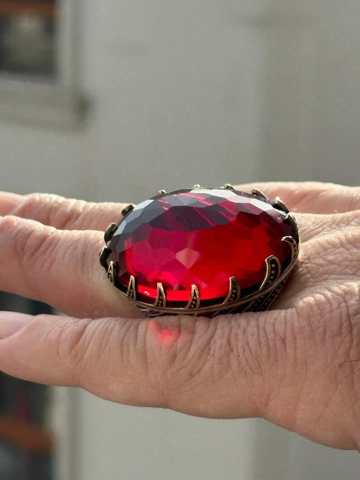 Anillo grande de piedra rubí hecha a mano para hombre 925 Foto 3 de 4