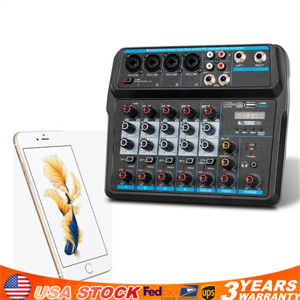 6Channel Live Audio Mixer Bluetooth USB DJ Sound Mixing Console Amplifier Studio