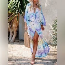 SURF GYPSY Multi-Color Tie-Dyed Open Cover-Up Dress With Front Ties, Small, EUC