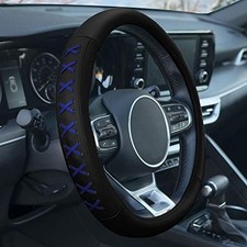 15 Inch Genuine Leather with Lace-Up Detailing Steering Wheel Cover fits Blue