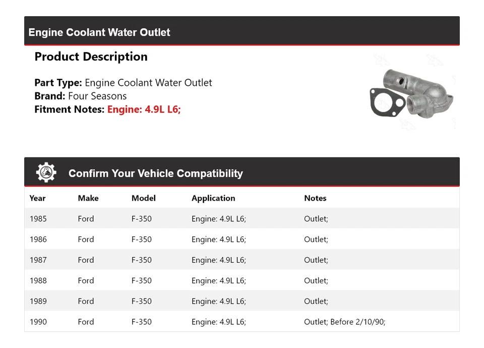 Para Ford F-350 1985-1990 4,9 L motor L6 salida de agua refrigerante 4 estaciones 1986 1987 Foto 2 de 4