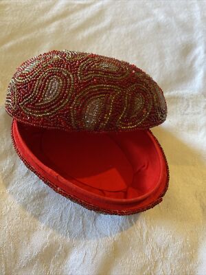 Vintage Burgundy Gold & Silver Beaded Easter Egg Trinket Box Removable Lid