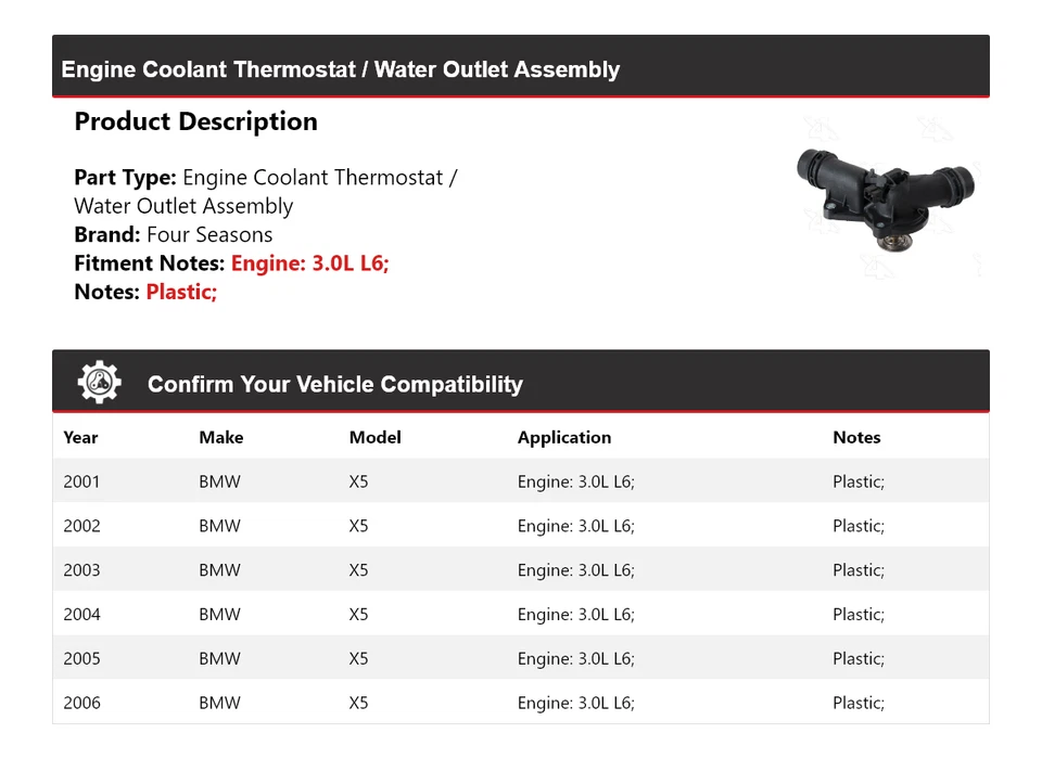 适用于 2001 - 2006 年宝马 X5 发动机冷却液恒温器/插座总成 4 季 — 第 2/4 张图片
