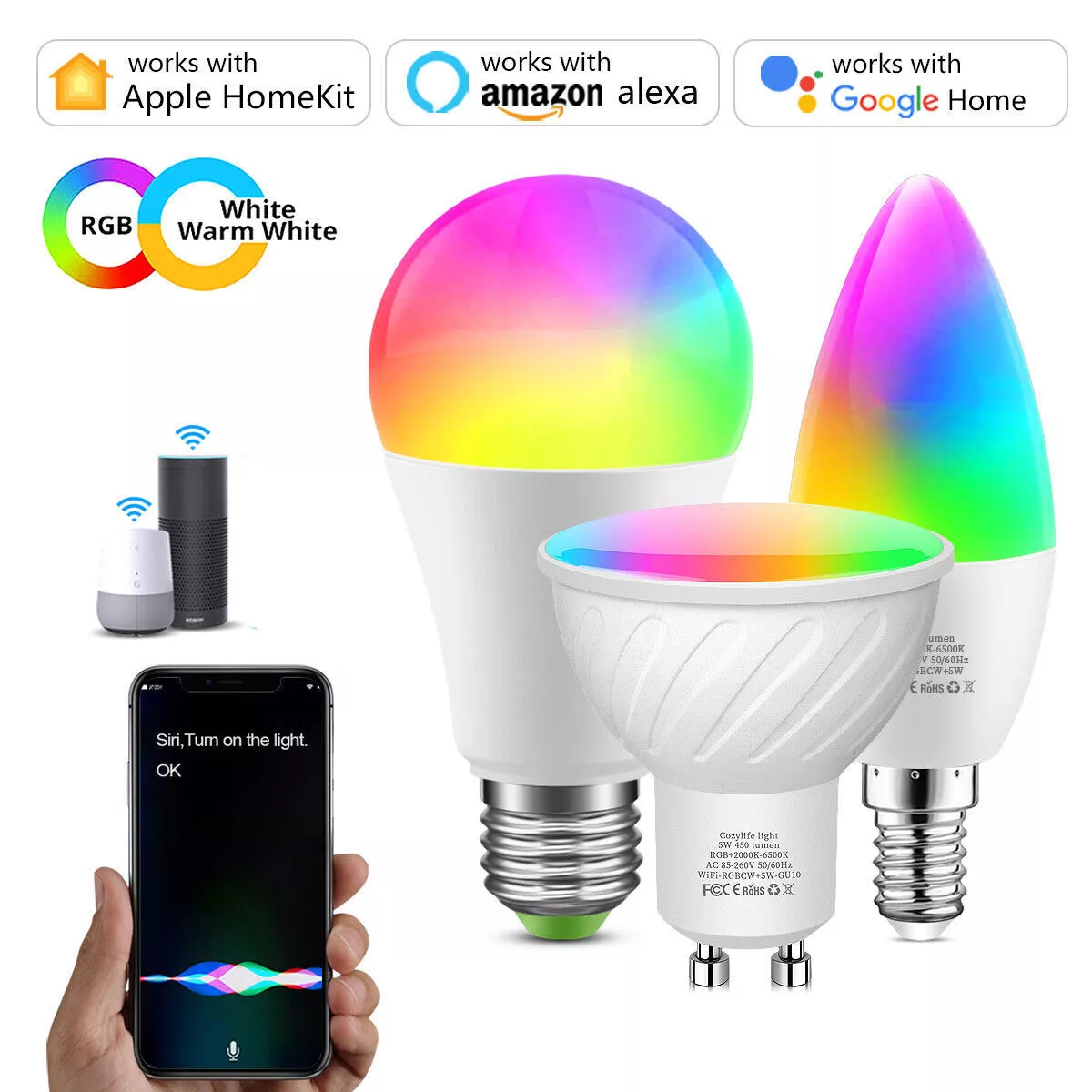 E14 E27 GU10 RGBCW Wifi Smart Light Bulb Dimmable Color Change For Apple Homekit