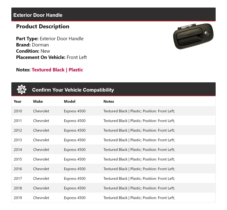 Maçaneta externa esquerda 2011 Chevrolet Express 4500 Dorman 2010-2019 - Imagem 2 de 4