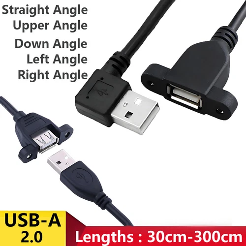 USB-A 2.0 90° Angle Male to Female Screw Lock Panel Mount Extension Cable 50cm