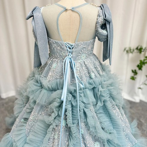 Luxury Flower Girl Dress Blue Beaded Princess Kid Birthday Party Pageant Gown - Picture 14 of 16