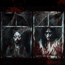 2 Pcs Halloween Window Decorations Curtain Scary Ghost Silhouette Poster Cover D