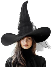 Women's Large Witch Hat Adult Black Mesh Witches Hat Halloween Costume
