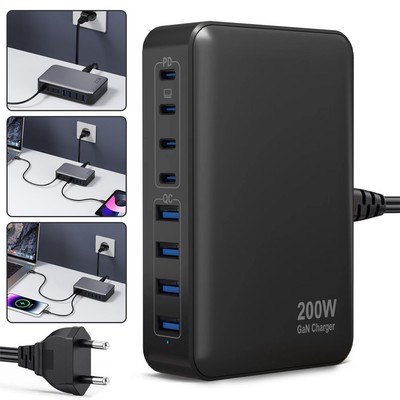 USB Ladegerät Mehrfach 200W 8Ports USB C Schnellladegerät QC Charger PD Netzteil