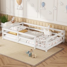 Twin Size Floor Bed Frame w/ Four Guardrails Pine Wood Play Space for Kids White