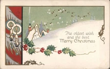 XMAS Snowy Christmas Village with Holly Candles,'Merry Christmas' 1930 MI Norman