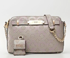 GUESS logo Embossed faux-leather Double zip Crossbody bag -Gray/Gold SEE