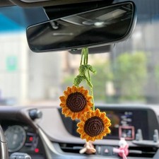 2-Pc Handmade Sunflower Car Mirror Pendants   Hanging Sunflower Accessories