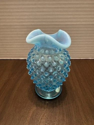 4” Fenton Blue White Hobnail Ruffled Vase
