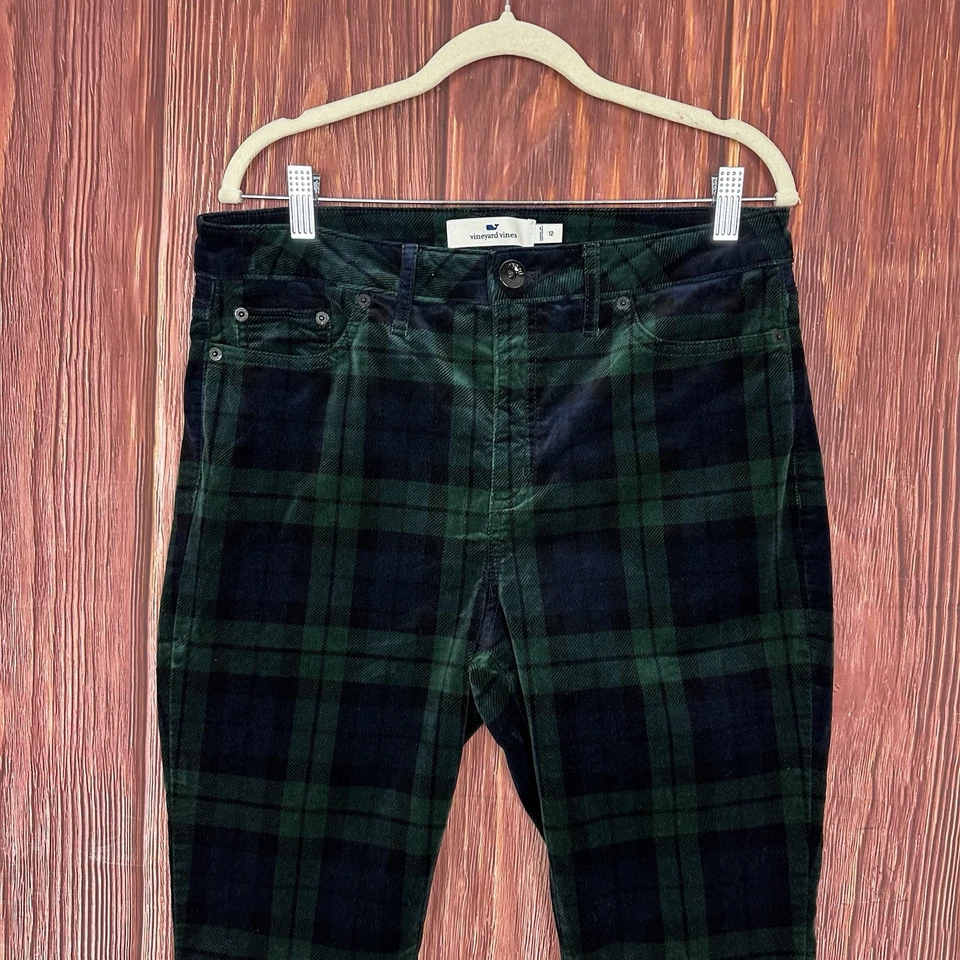 Pantalones al tobillo ajustados de tiro alto Vineyard Vines para mujer 12 Blackwatch terciopelo a cuadros Foto 3 de 4