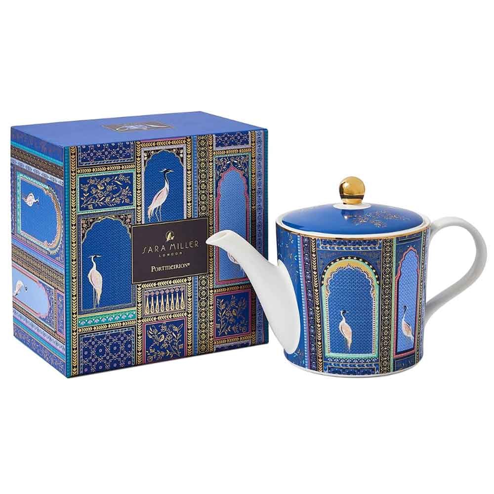 Portmeirion Sara Miller London Indigo India Teapot Fine China 1.1L 22ct Gold