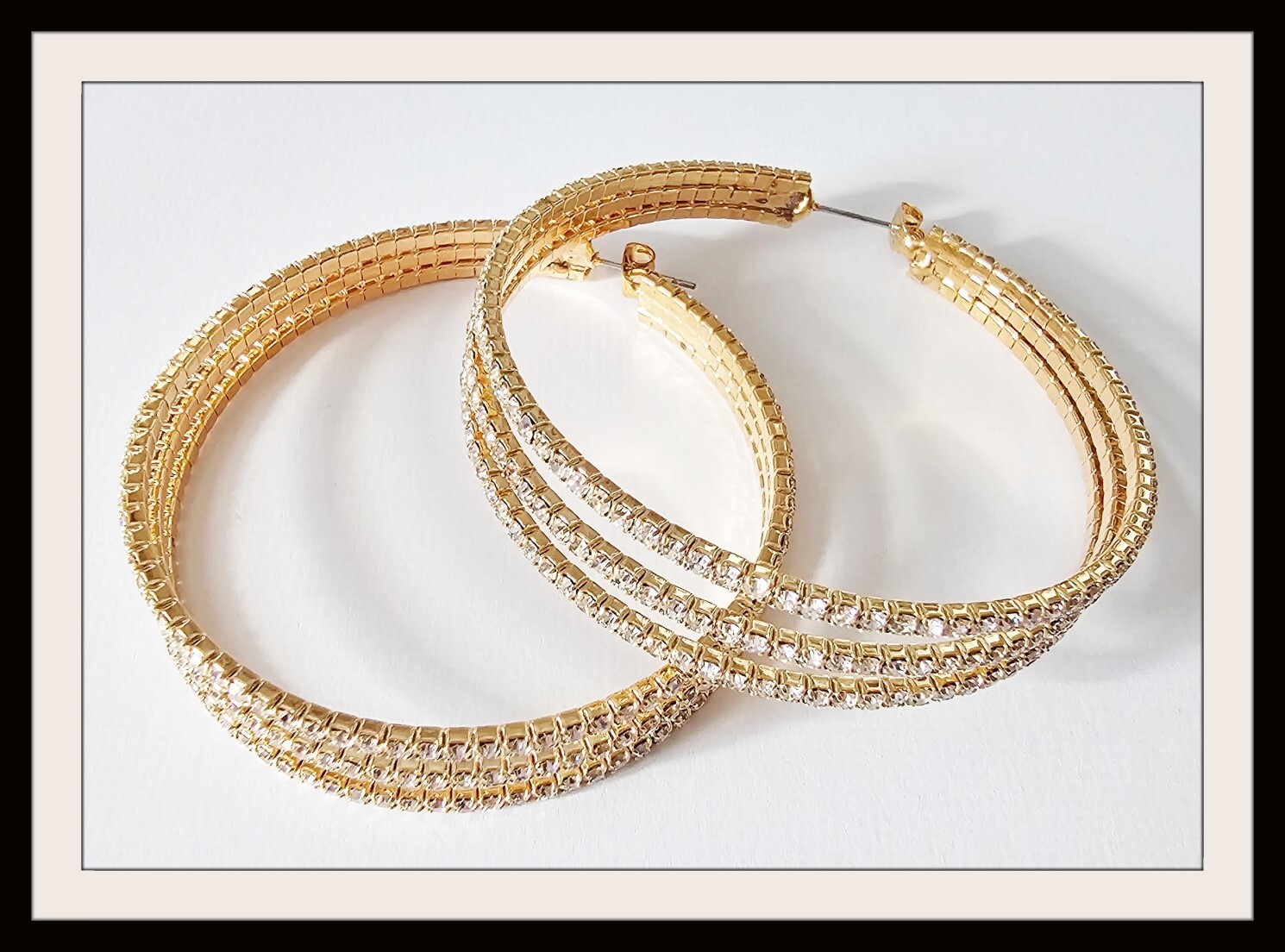 Hoop Earrings Three Lines Clear Crystals 2.5 Inch Diameter Gold Open Hoops-image