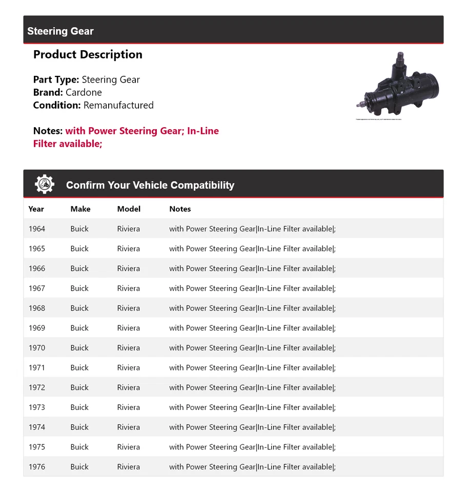 Engranaje de dirección Cardone 1964-1976 Buick Riviera 1965 1966 1967 1968 1969 1970 Foto 2 de 4